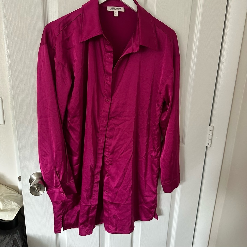 Pink Long Sleeve Mini Shirt Dress